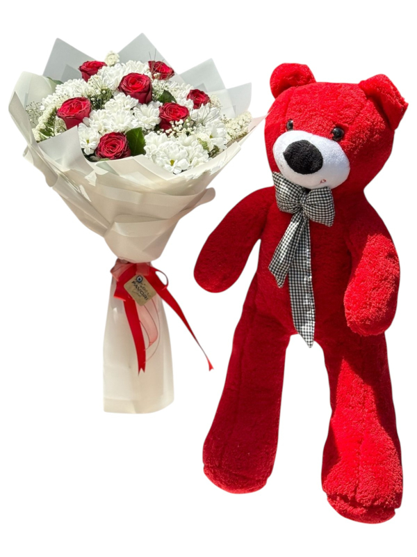 Ayıcıklı Kırmızı&Beyaz Buket