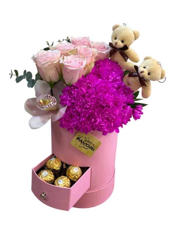 Çekmeceli Kutuda Pembe Gül, Mor Kasımpatı & Orkide