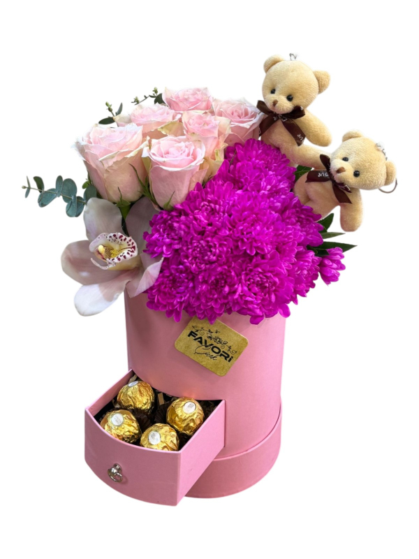 Çekmeceli Kutuda Pembe Gül, Mor Kasımpatı & Orkide