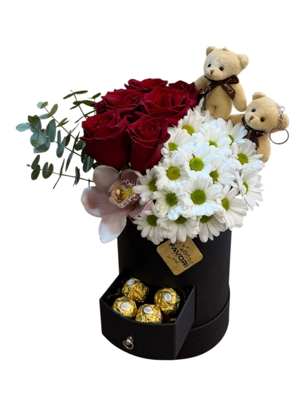 Çekmeceli Siyah Kutuda Gül, Papatya & Orkide