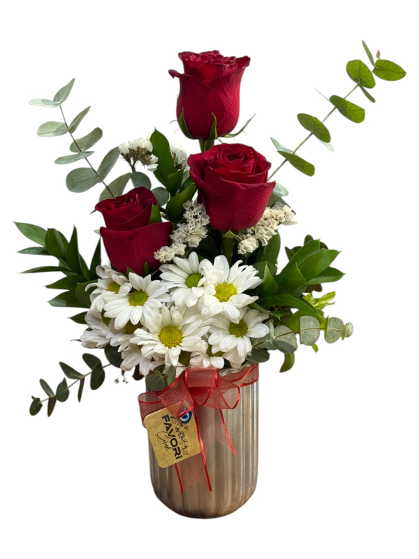 Vazoda Kırmızı Gül ve Papatya Aranjmanı